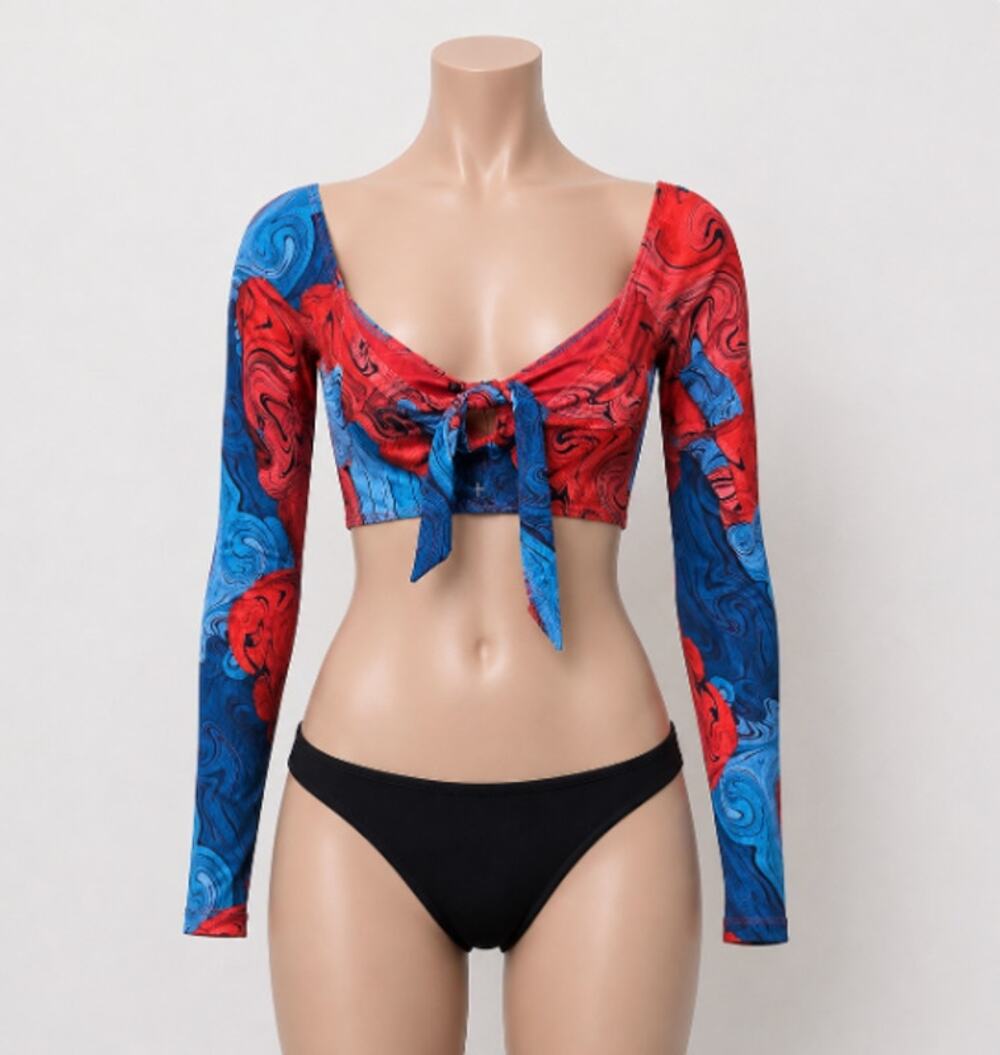 NWT Icon Swim Blue & Red Moment Like This Bikini Swirl Print Long Sleeve Top S